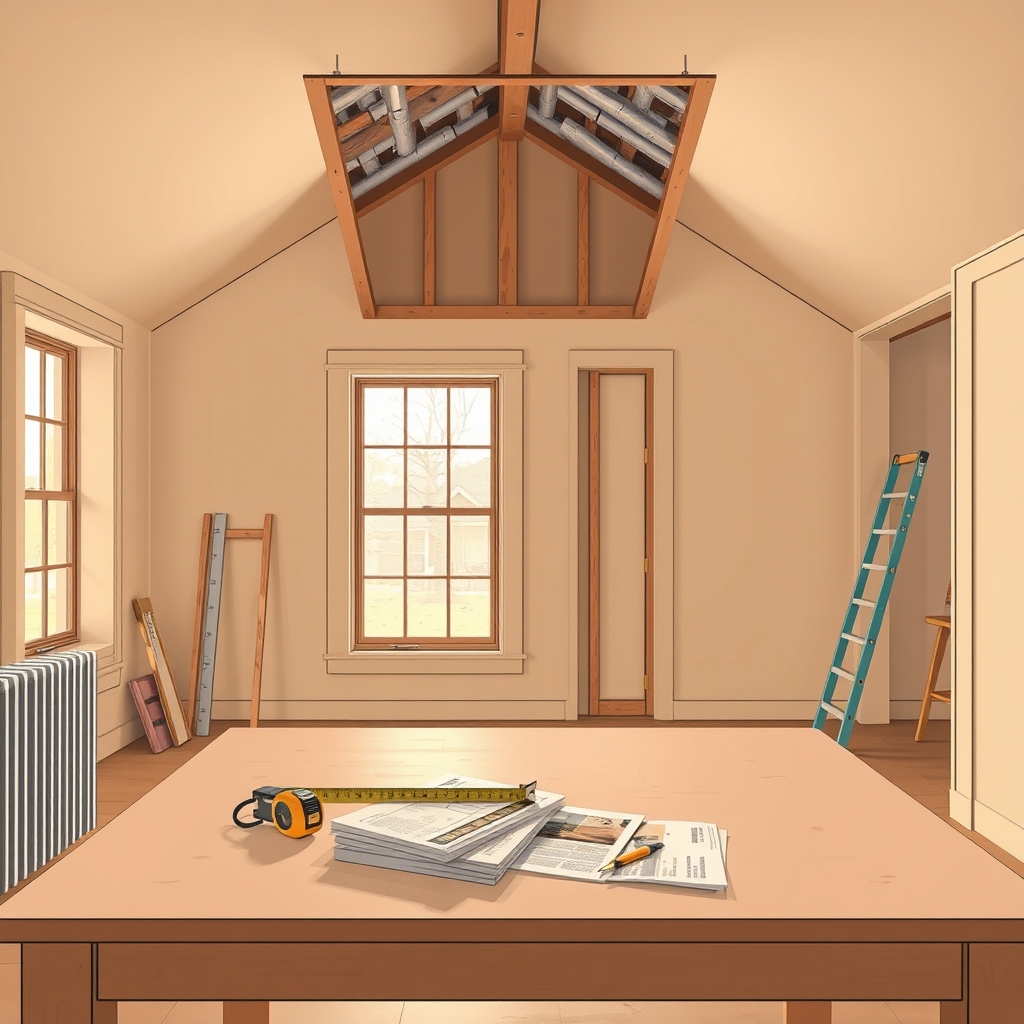 Attic access, insulation samples, and a measuring tape inside a Houston home being evaluated before renovation.