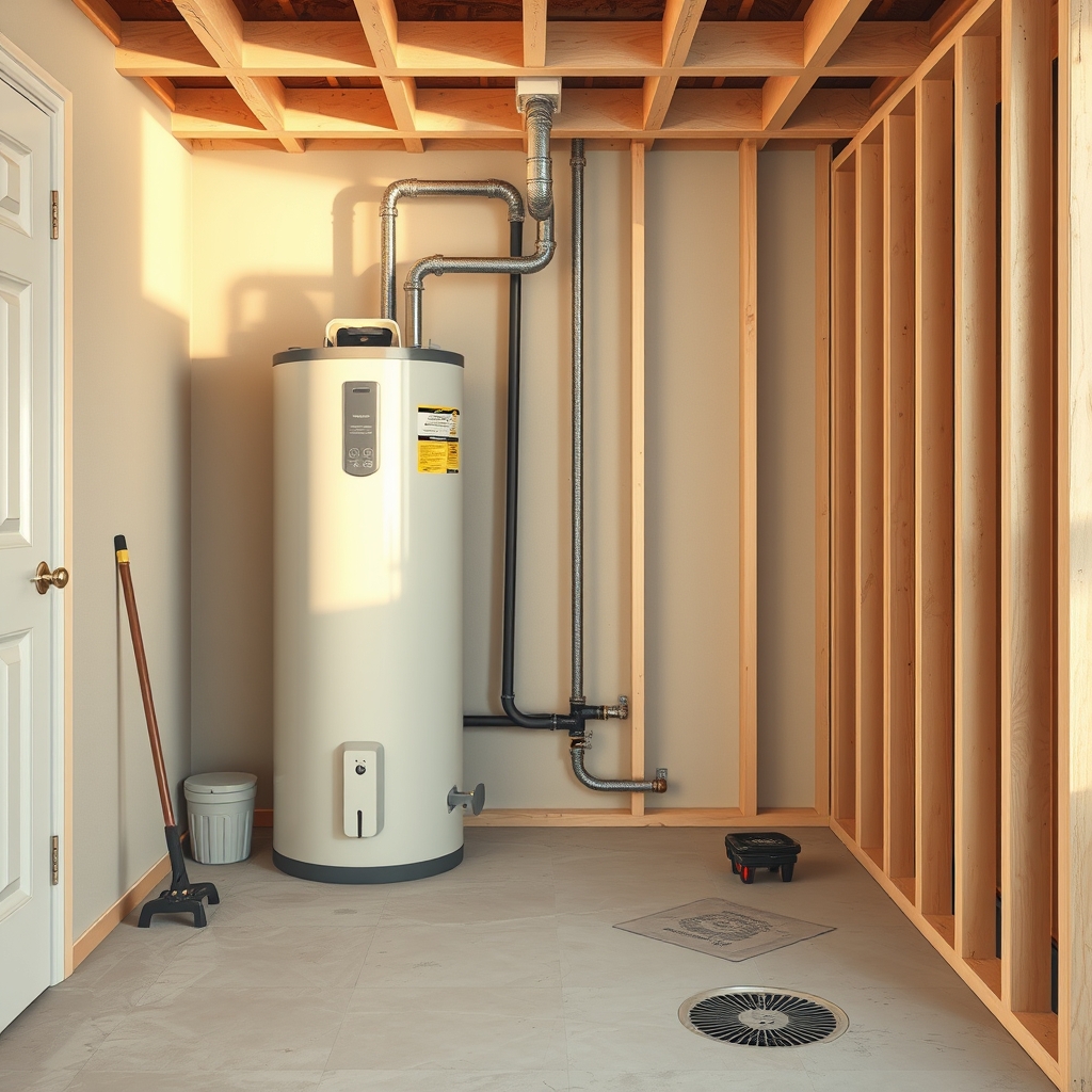 Heat pump water heater with visible plumbing and condensate line in a residential utility room undergoing renovation.