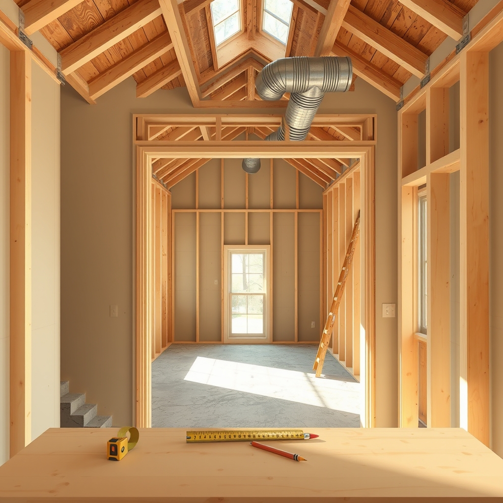 Unfinished home addition with open ceiling framing and a visible HVAC duct route into the existing house.