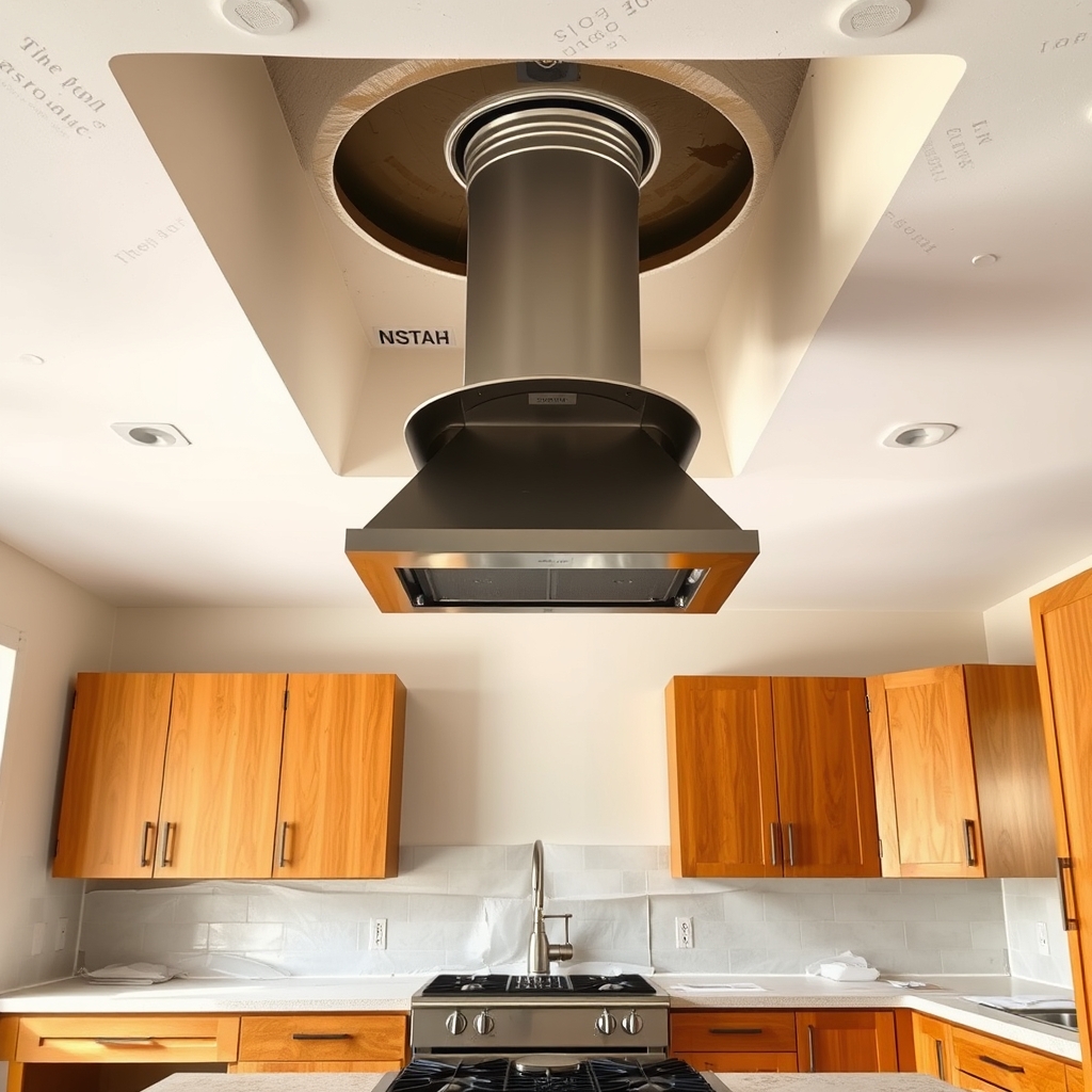 Unfinished Houston-style kitchen with a stainless range hood, exposed exhaust duct, and cabinets awaiting final trim.