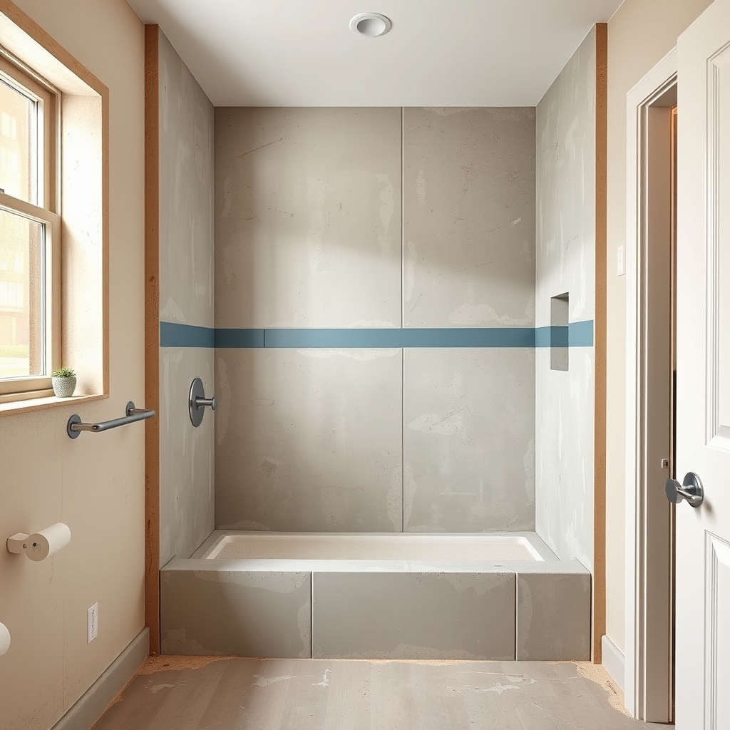 Partly renovated shower with exposed cement backer panels and a waterproofed wall corner beside an unfinished tile area.