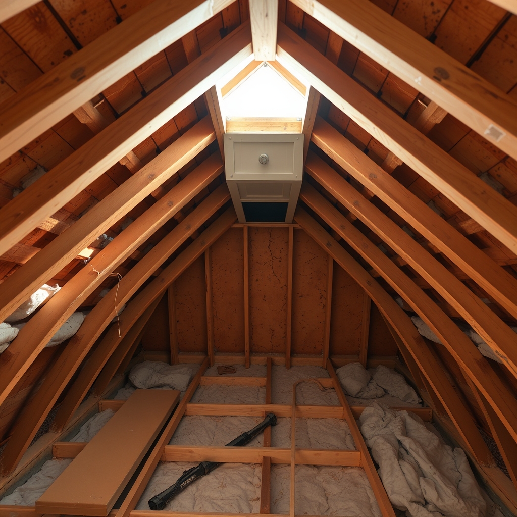 Open attic framing with insulation batts set aside, visible eave baffles, and an accessible ceiling penetration awaiting sealing.