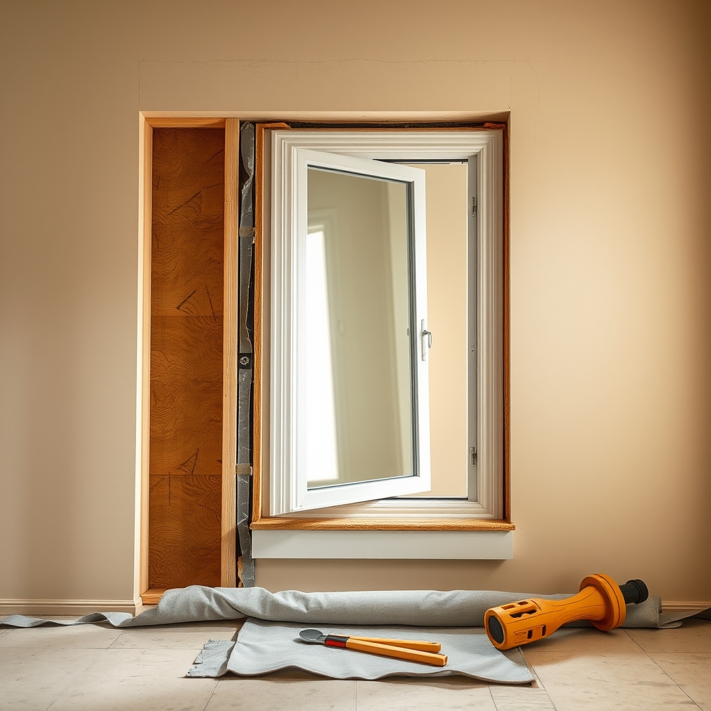 Replacement window beside a prepared rough opening with sill flashing, wall sheathing, and protective floor covering.